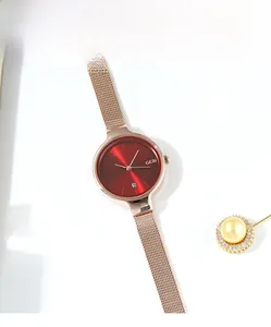 Gros plan détaillé d'une montre femme en maille avec cadran rouge et guichet de date