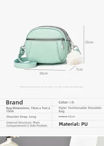 Size guide for mint green PU crossbody bag showing dimensions 19x15x7cm and internal pockets