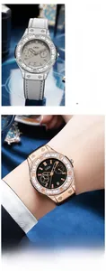 Detail of GEDI quartz watch with crystal bezel and leather strap on model wrist