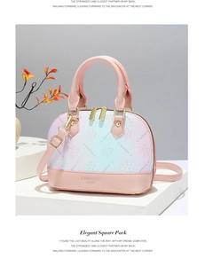 Close-up of tricolor gradient shell bag featuring floral print and gold hardware detail