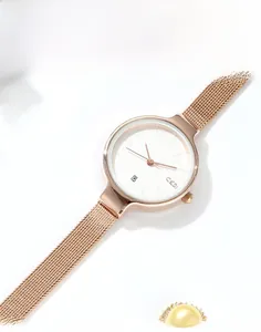 Vue détaillée d'une montre femme en maille or rose avec cadran et guichet de date