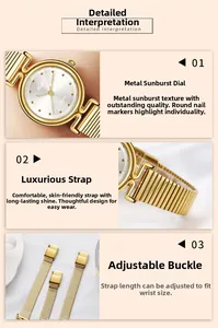 Detailansicht von Sonnenstrahl-Zifferblatt, goldenem Mesh-Armband und verstellbarer Schließe