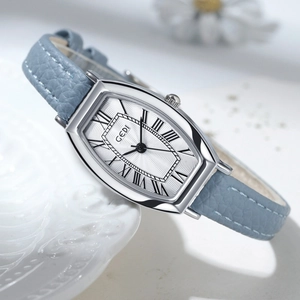 Elegant silver tonneau quartz watch with blue leather strap and Roman numerals