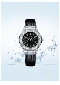 Detail of GEDI quartz watch with crystal-set bezel and 30m water resistance display