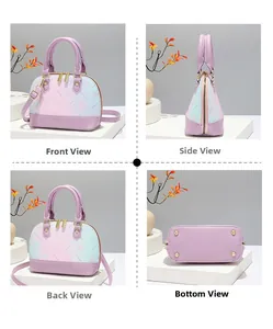 Detailed four-view shot of a floral shell bag with purple handles and golden zippers