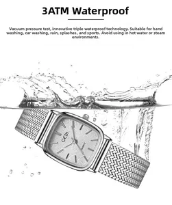GEDI square silver watch submerged in water showing 3ATM water resistance detail