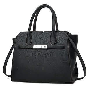 Classic black leather Kelly tote with silver metal buckle and litchi texture finish