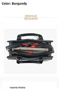 Internal view of black women handbag showing multiple compartments and golden zippers