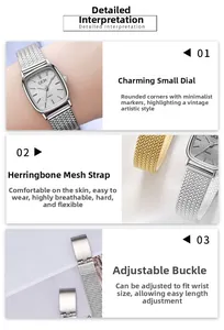 Close-up of square metal watch dial with herringbone mesh strap and adjustable clasp