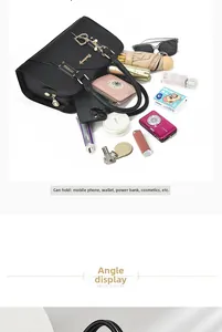 Spacious black litchi pattern handbag showing storage for umbrella, wallet and camera
