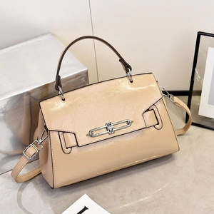 Women Vintage Glossy PU Leather Handbag Silver Metal Lock Wrinkled Texture Versatile Top Handle Crossbody Shoulder Bag
