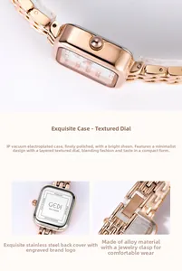Détails du cadran carré en or rose, du boîtier en acier et du bracelet avec fermoir bijou