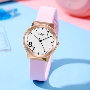 GEDI creative pink silicone quartz watch with rose gold case and minimalist white dial