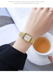 Macro detail of GEDI vintage square watch with gold mesh band on a lifestyle background