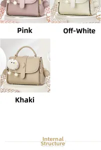 Détail des sacs bandoulière motif litchi en couleurs rose, crème et kaki