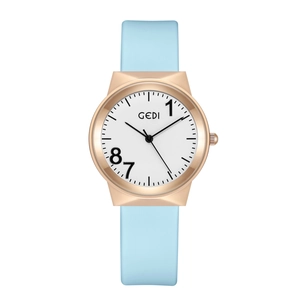 GEDI sky blue silicone strap watch with rose gold case and minimalist round white dial