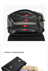 Détail d'un sac à main en cuir grainé noir avec cinq compartiments et capacité de rangement