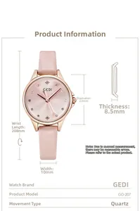 Size chart showing 22mm diameter and quartz movement details for the GEDI fashion watch