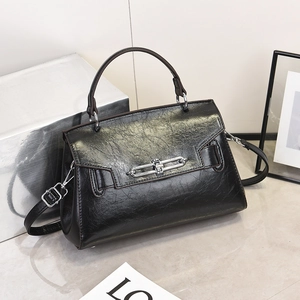 Classic black oil wax leather crossbody bag for women with silver metal chain buckle decor