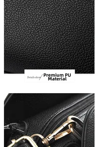 Close-up of premium black PU leather with lychee texture and gold metal hardware hooks