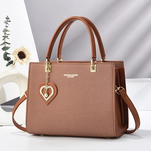 Fashion Textured PU Leather Tote Handbag With Heart Artificial Pearl Pendant Elegant Simple Shoulder Crossbody Bag For Women
