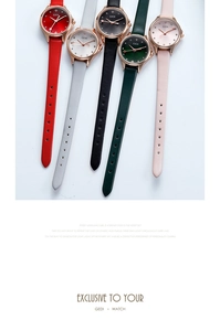 Detail of five stylish women's leather watches with rose gold cases and colorful star dials