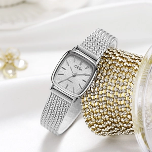 Women Quartz Watch Vintage Square Dial Stainless Steel Mesh Band Waterproof Elegant Fashion Wristwatch