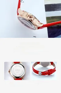 Detail view of IP rose gold plated case and stainless steel back cover of the fashion watch