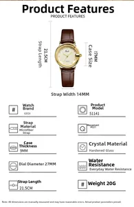 Detailed view of women's quartz watch with brown leather strap and dimensions info