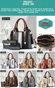 Three-piece handbag set featuring striped tote and inner pouches with detailed size guide