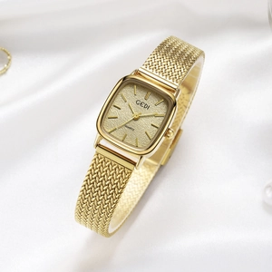 GEDI Women's gold vintage quartz watch with square textured dial and mesh steel band