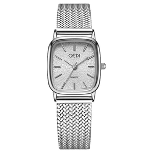 Elegant women's silver quartz watch with rectangular sparkle dial and mesh steel strap