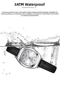 Détail d'une montre à quartz carrée en argent avec bracelet cuir et étanchéité 3ATM