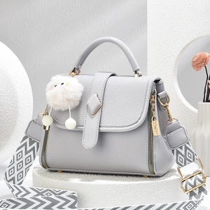 Chic French Style Women PU Leather Handbag Pebble Grain Flap Square Crossbody Bag With Geometric Wide Strap Plush Charm