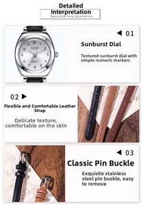 Détails du boîtier argenté, cadran à effet soleil et texture du bracelet en cuir fin