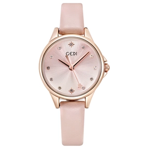 GEDI women's quartz watch with pink leather strap and rose gold star-accented dial