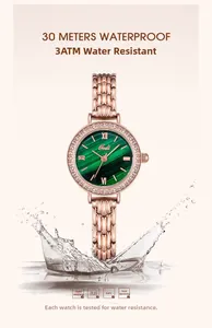 Detailed view of Gedi green malachite quartz watch with 30M waterproof water splash effect