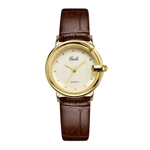 Elegant gold quartz watch for women with brown leather strap and textured dial