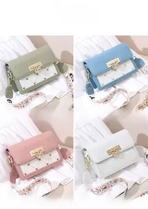 Detailed grid showing quilted crossbody bags in green, blue, pink and white with floral clasps