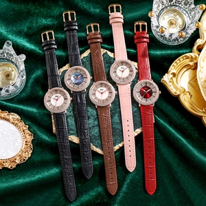 Montre femme en cuir élégante avec lunette diamantée et cadran en nacre scintillant