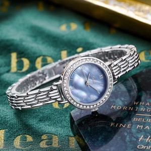 Gedi silver luxury watch with blue mother-of-pearl dial and crystal-encrusted bezel