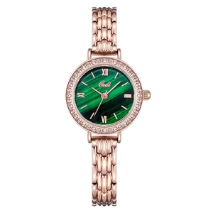 Rose gold luxury women watch with green malachite dial and rhinestone bezel