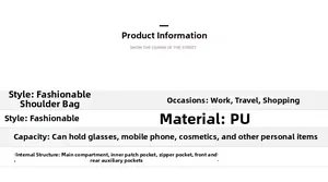 Detailed specification chart showing the internal multi-pocket structure of the fashion PU bag