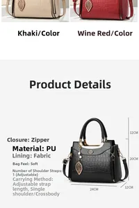 Detail view of crocodile-embossed PU leather handbags with metal leaf charm and dimensions