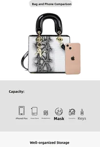 Detailansicht der Krokodilledertasche mit Kapazitätsvergleich für iPhone und Zubehör