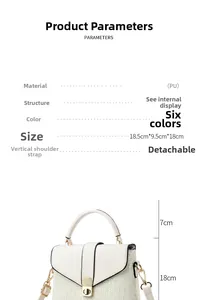 Detailed view of a white textured PU leather handbag with gold clasp and size dimensions