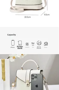 Detail showing dimensions and capacity of the cream crossbody bag with woven texture