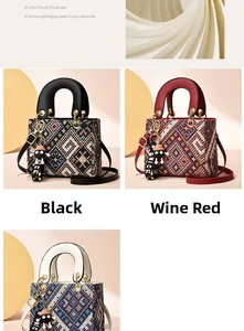 Detailed jacquard fabric texture and leather handles of women's tote in black and burgundy