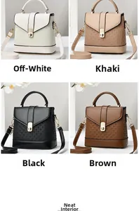 Detail of four structured PU leather bags in cream, khaki, black and brown with woven textures