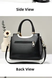 Detail view of black PU leather handbag featuring golden U-shaped hardware and back zip pocket